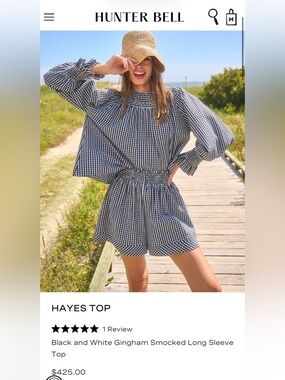 HUNTER BELL hayes Black & White Gingham Smocked Long-Sleeve Top